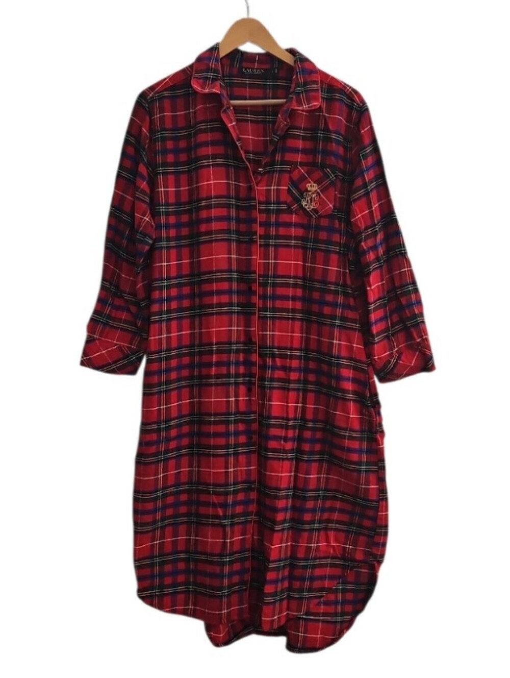 Lauren Ralph Lauren Plaid Nightgown Sz L Red Cotton Blend Button Front Sleepwear